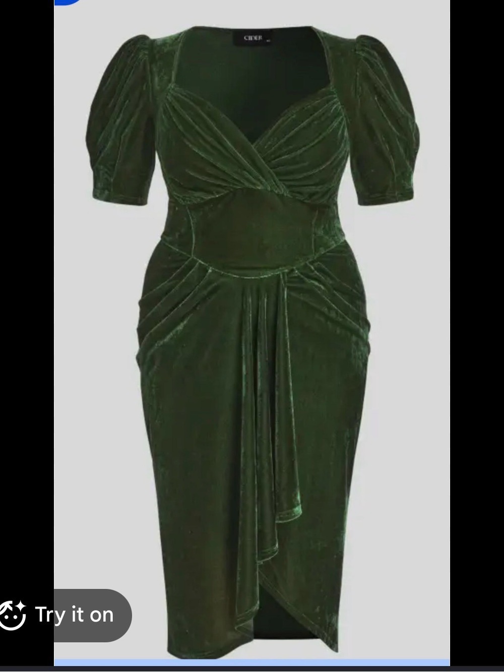 Cider Olive Green Velvet Midi Dress with Puff Sleeves